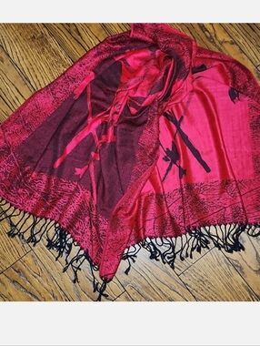 Red Black Floral 100% Pashmina Shawl Wrap Reversible Fringe 68x27